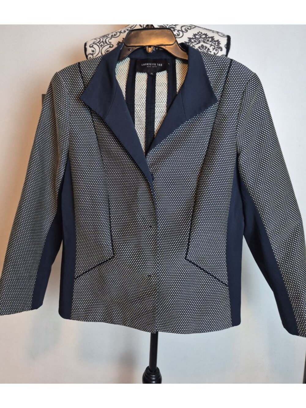 Lafayette 148 New York Blazer Size 14 Navy Dot Print Snap Front Jacket